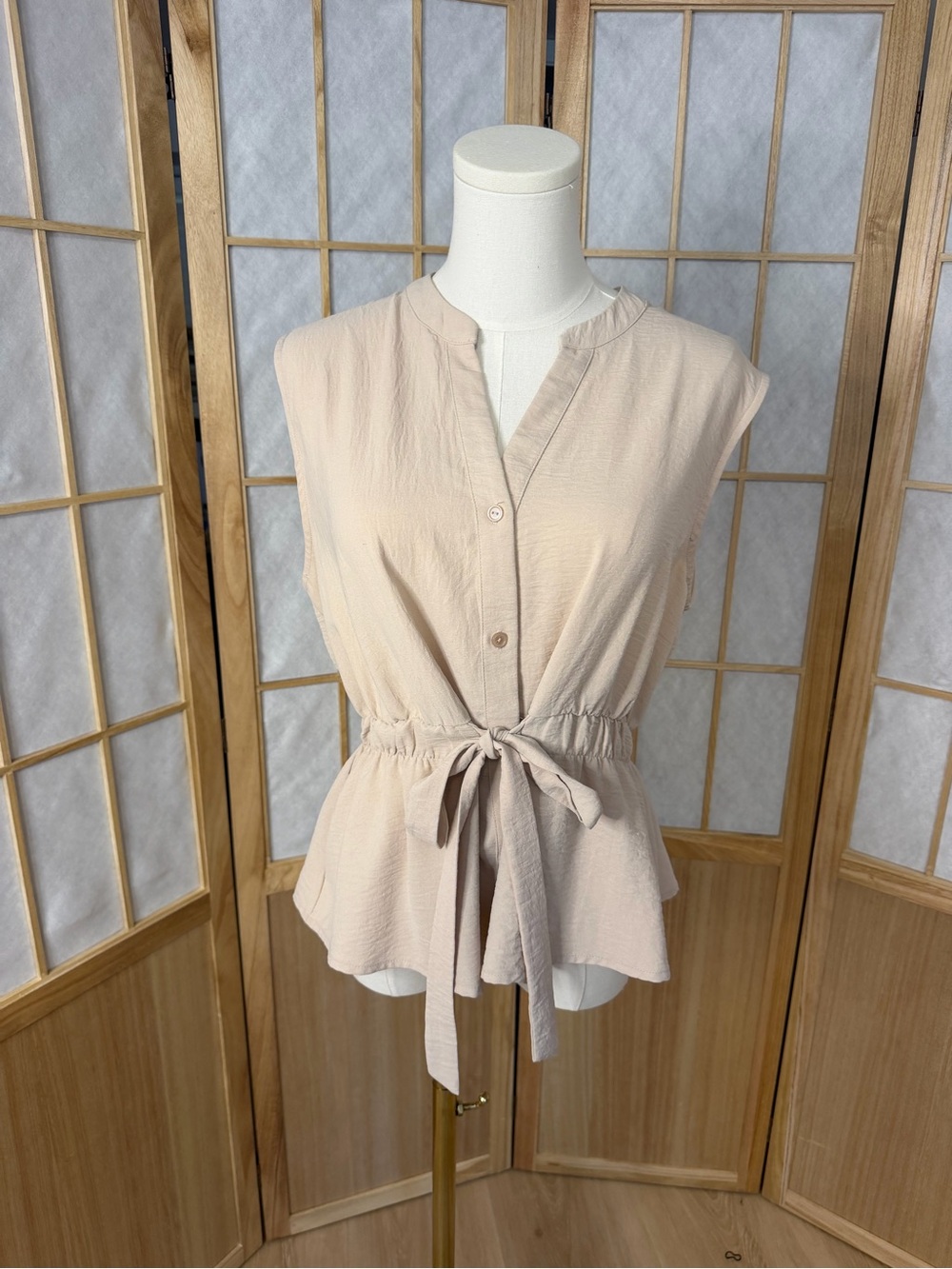 TIMING Beige Sleeveless Button Front Tie Waist Peplum Blouse Top Size L
